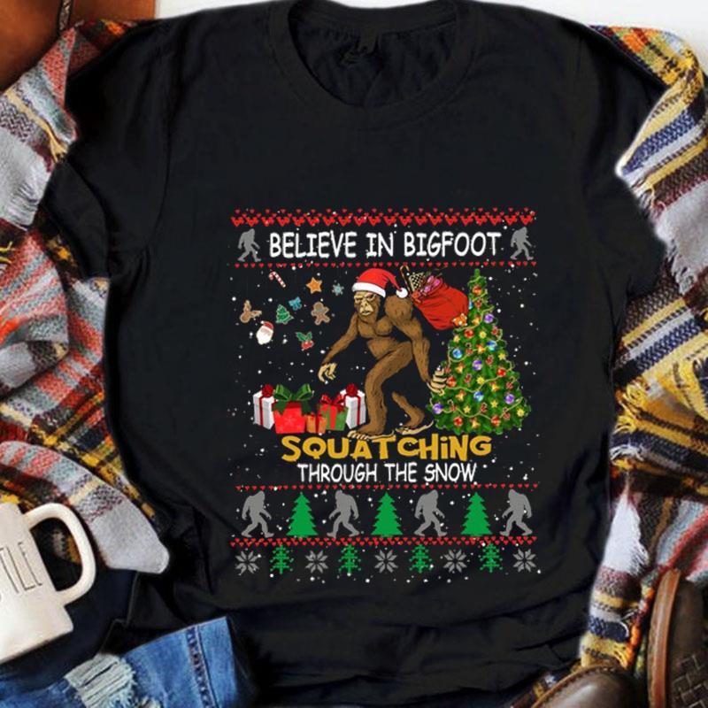 Squatching through the Snow Bigfoot Ugly Christmas T-Shirt Hoodie Shirt Ugly Christmas Shirt Unisex T-shirt.
