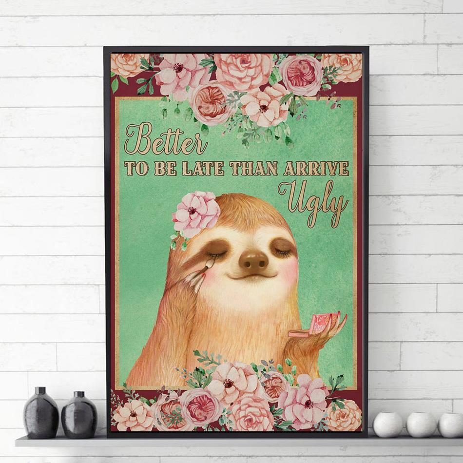 Late Makeup Sloth Flowers Poster Canvas