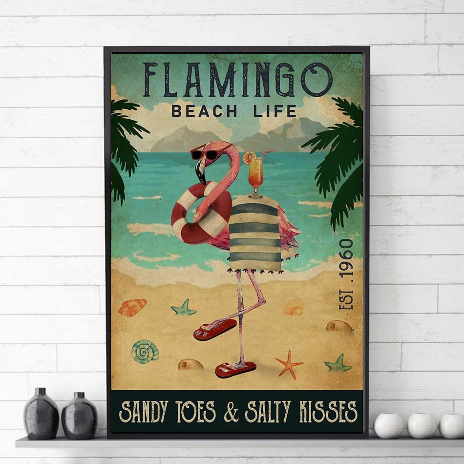 Vintage beach cocktail life flamingo poster canvas