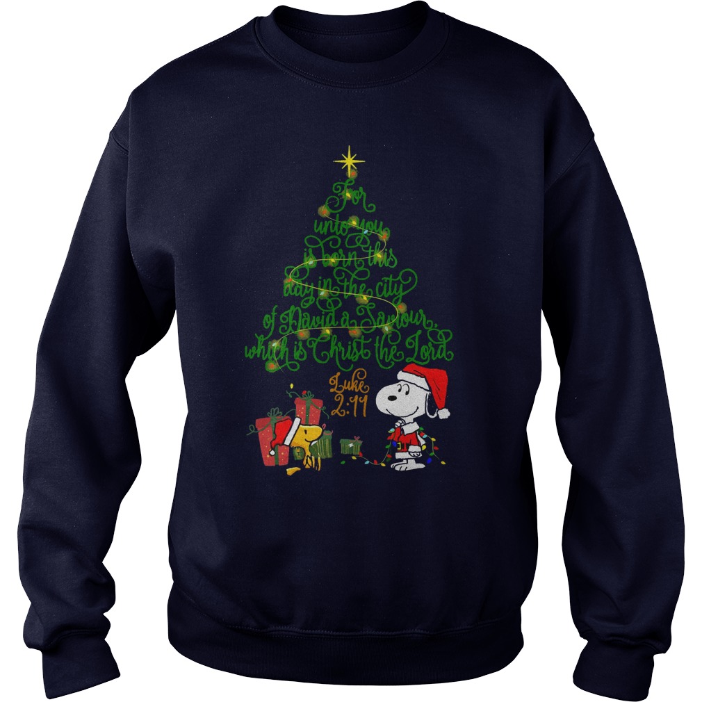 Snoopy Woodstock Christmas tree for unto you is born this day in the city of David shirt