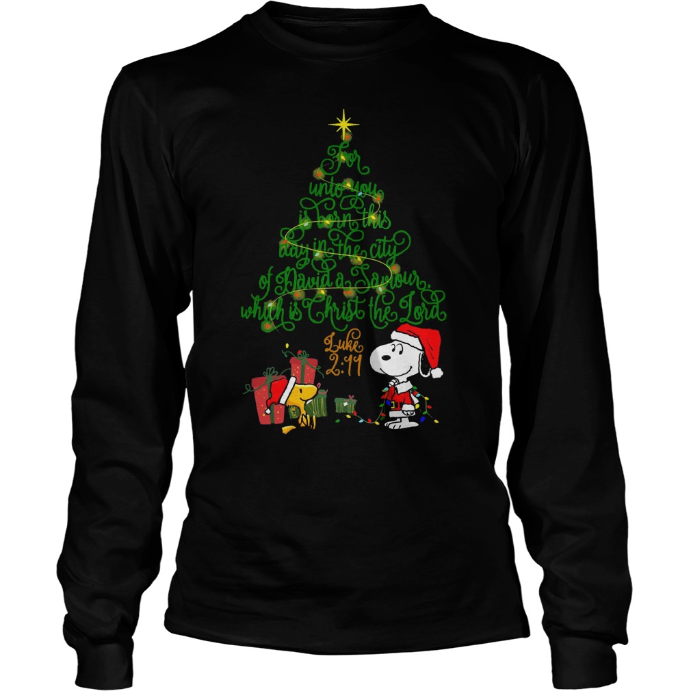 Snoopy Woodstock Christmas tree for unto you is born this day in the city of David shirt