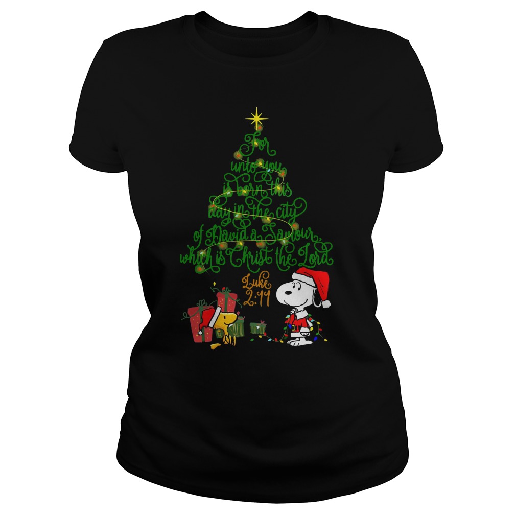 Snoopy Woodstock Christmas tree for unto you is born this day in the city of David shirt