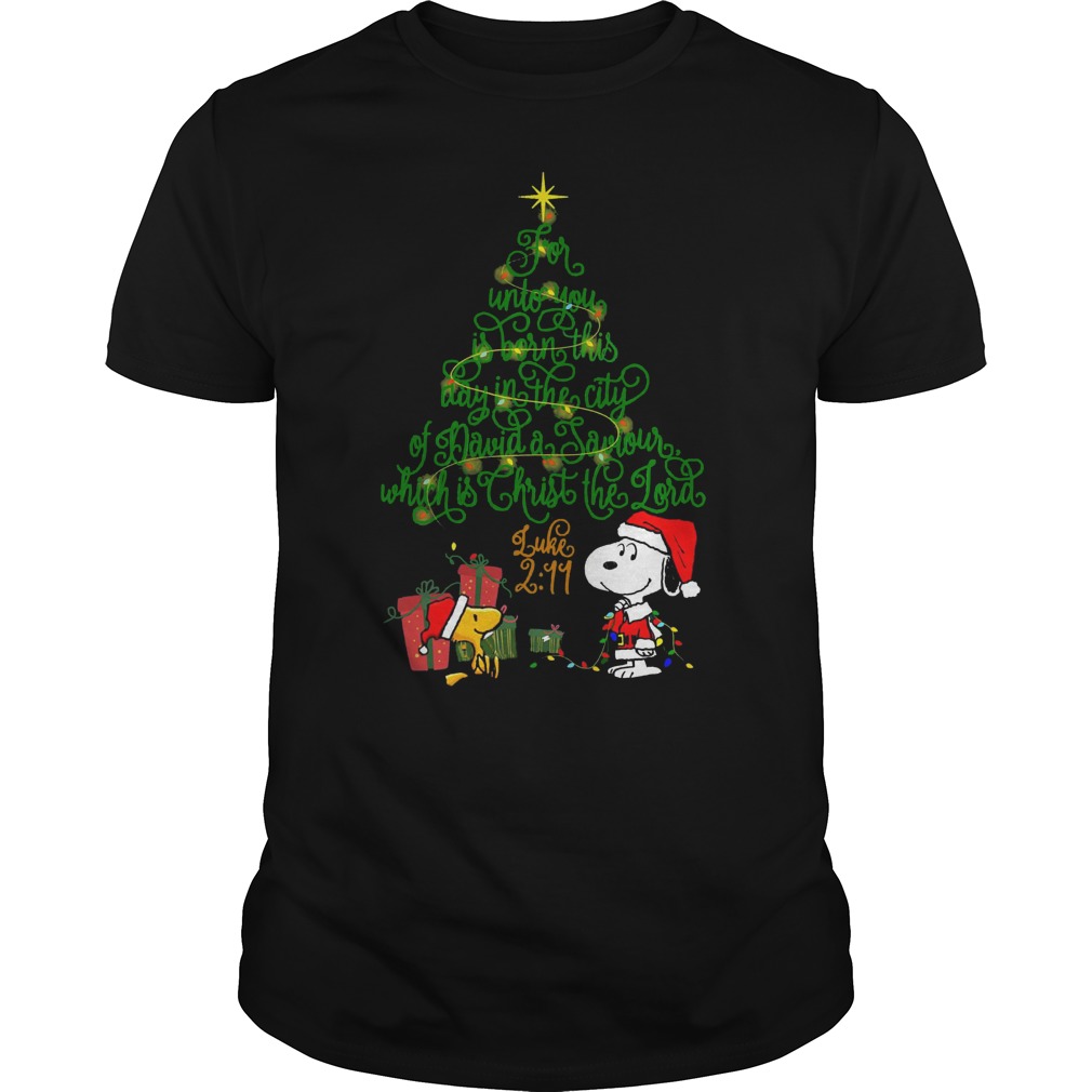 Snoopy Woodstock Christmas tree for unto you is born this day in the city of David shirt