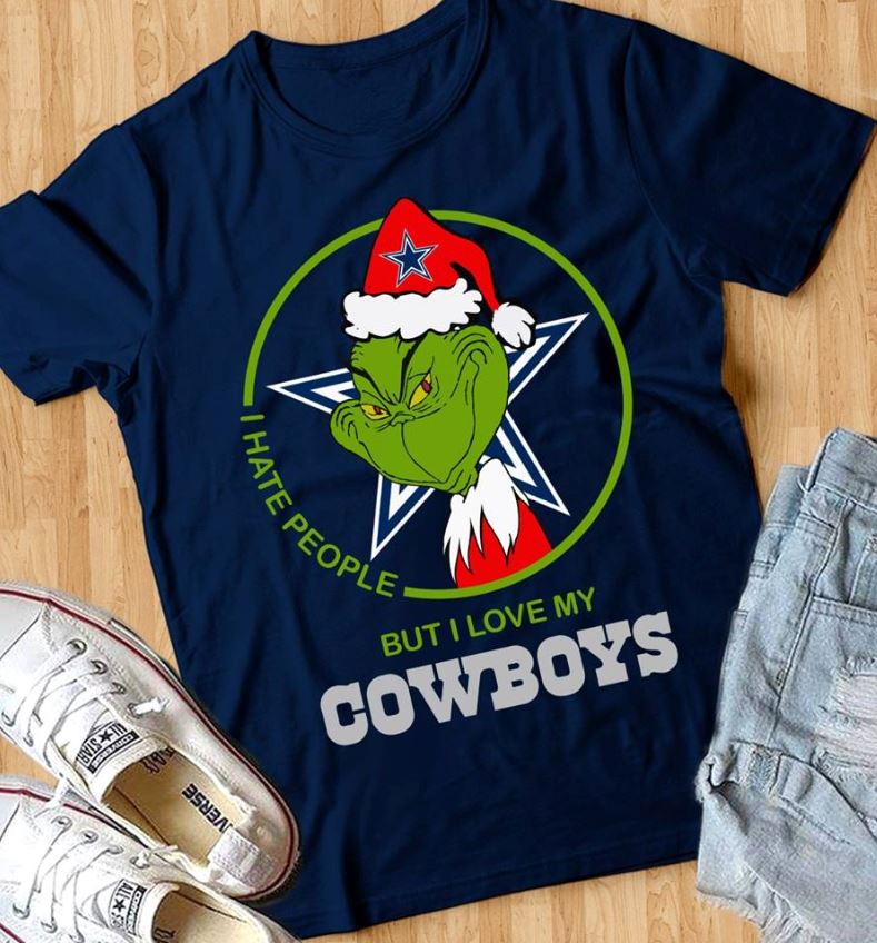 Grinch Santa I hate people but I love my Cowboys shirt, ladies