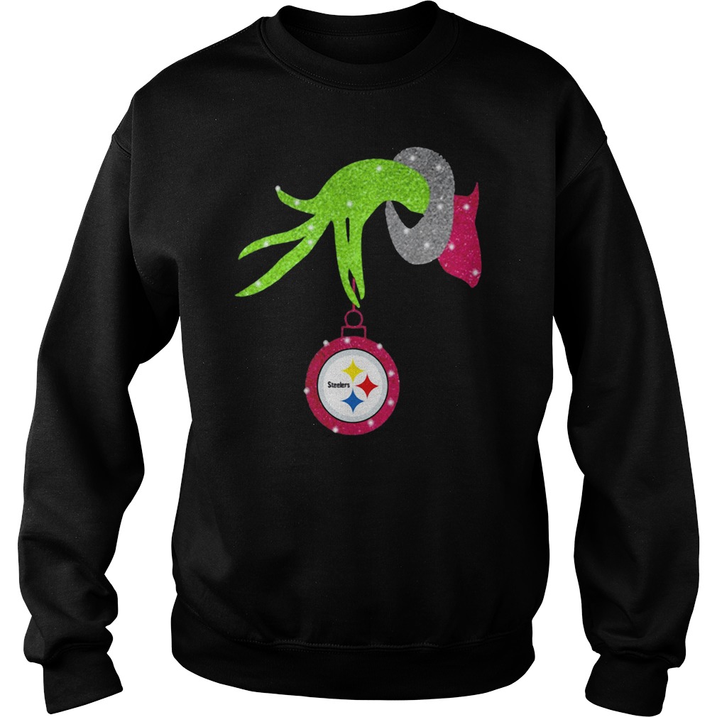 Grinch hand holding Pittsburgh Steelers ornament shirt, ladies shirt