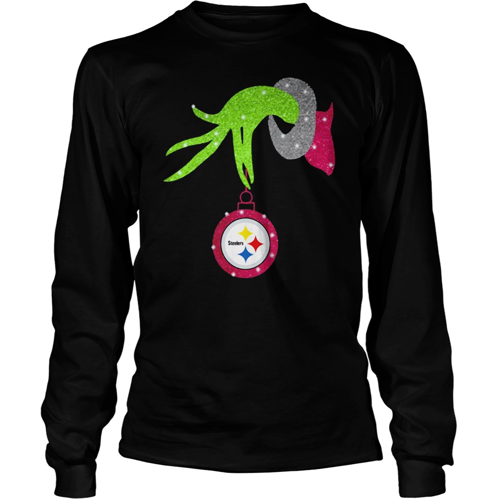 Grinch hand holding Pittsburgh Steelers ornament shirt