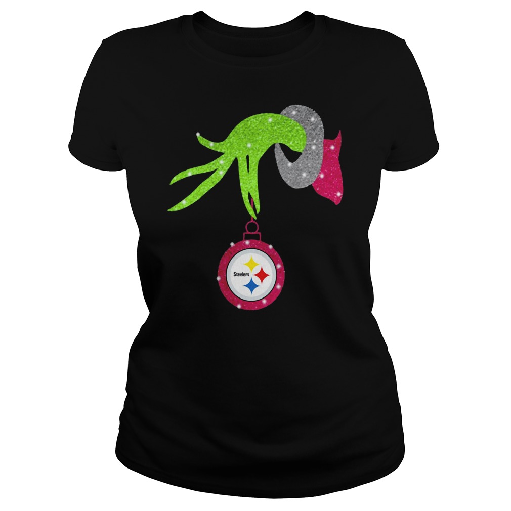 Grinch hand holding Pittsburgh Steelers ornament shirt