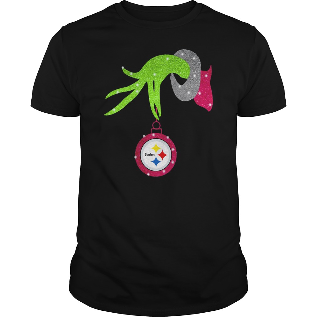 Grinch hand holding Pittsburgh Steelers ornament shirt